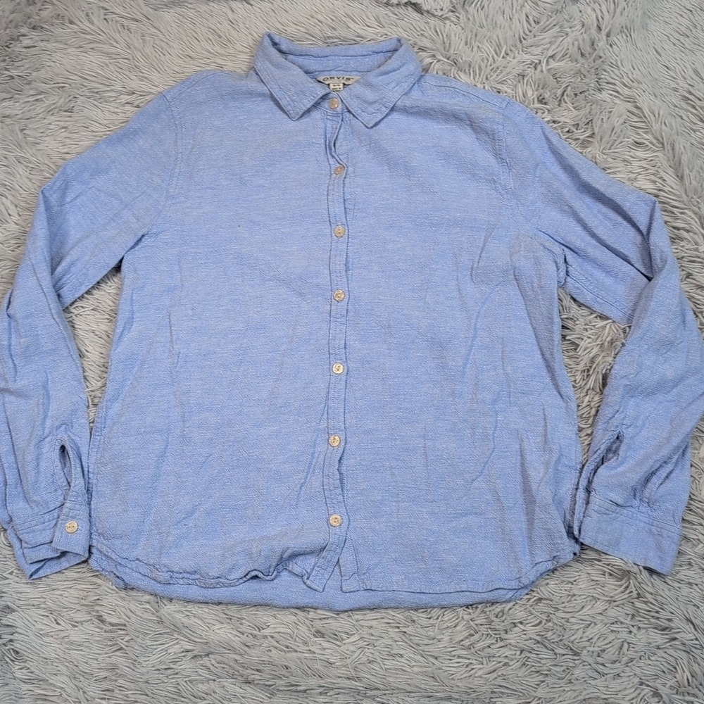Orvis Shirt Womens M Blue Linen Blend‎ Button Up Comfort Casual Preppy